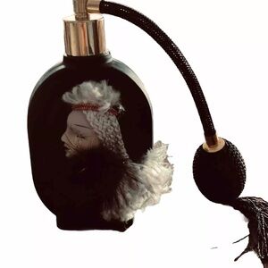 Vtg Art Deco Black Glass 3D Ladies Profile Braids & Fur Perfume Bottle Atomizer